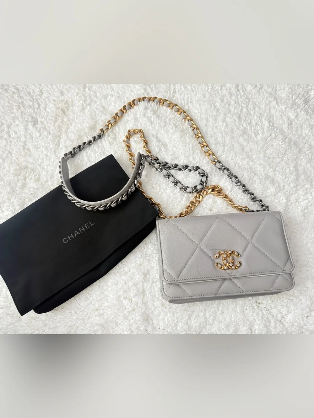 CHANEL Gray Quilted Leather Crossbody with Gold Chain